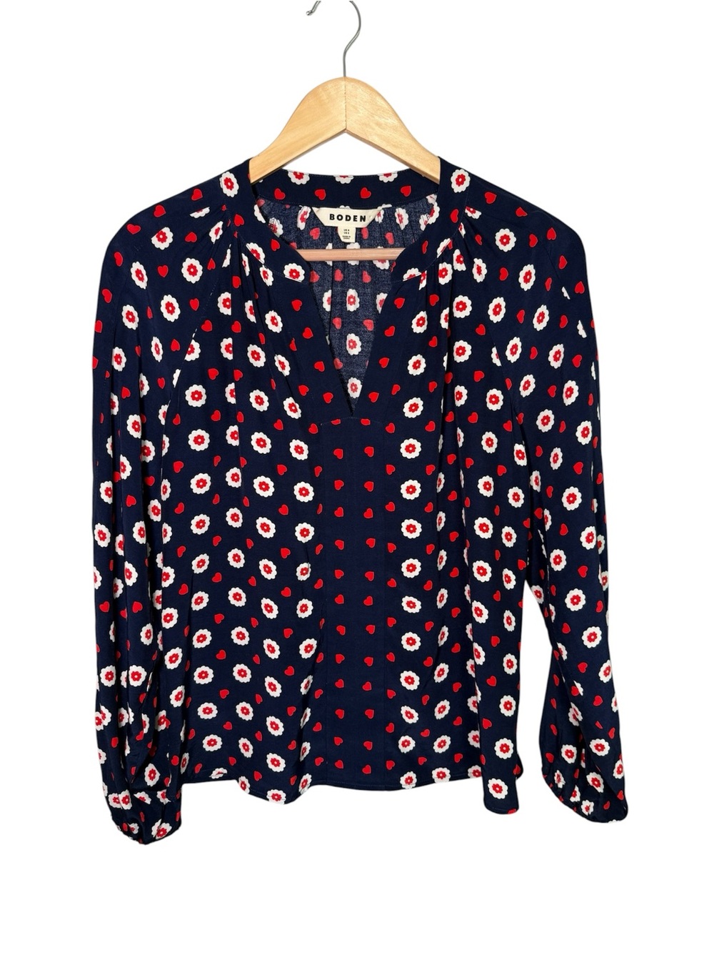 Boden Navy Blue Floral Heart Border Print Raglan V-Neck Blouse Top Size 2